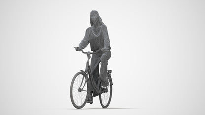 3D human model woman casual cycling, photogrammetry scanned person for archviz, wireframe back view