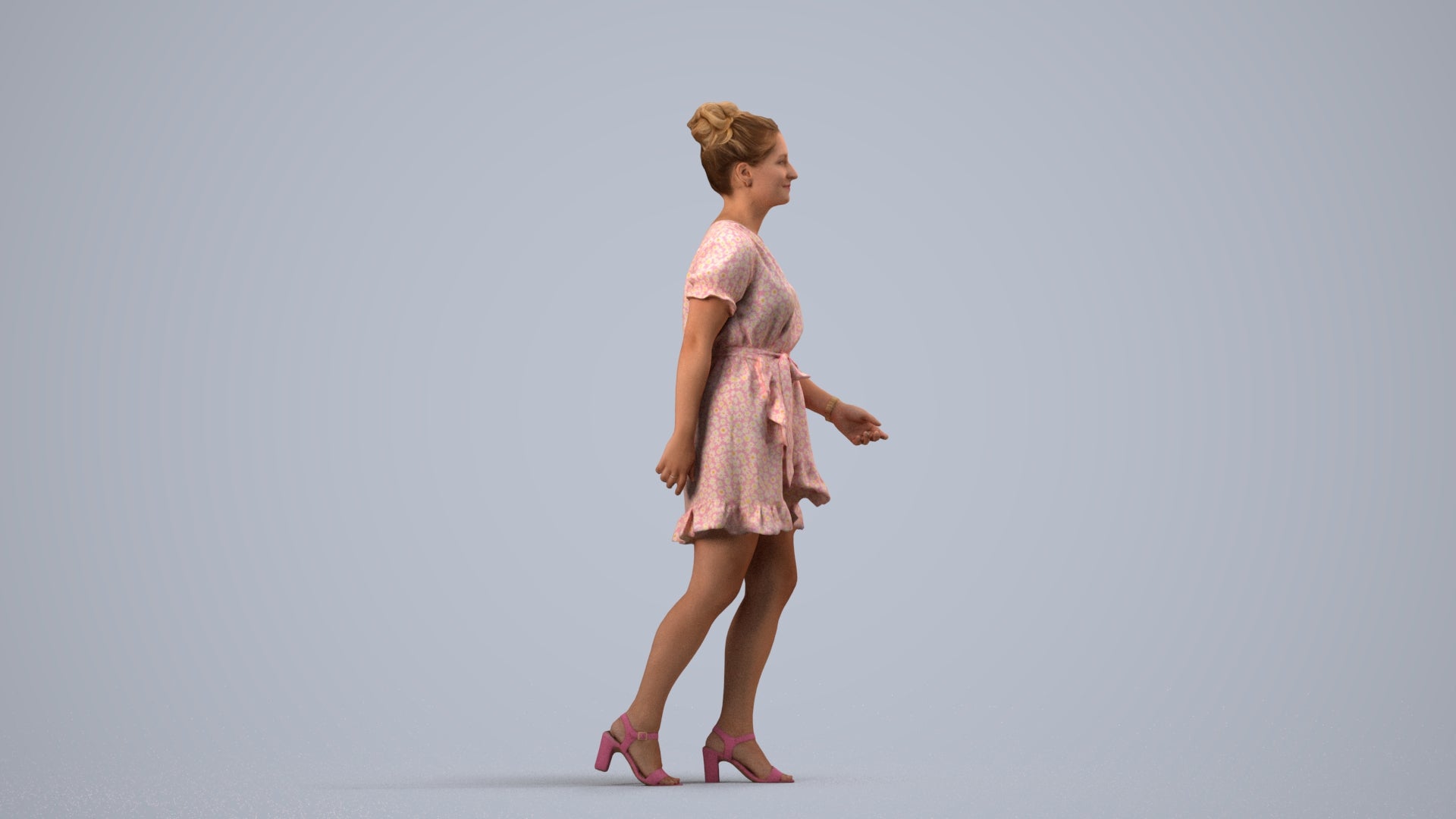 photogrammetry 3D woman casual walking, realistic human model archviz FBX, side view render