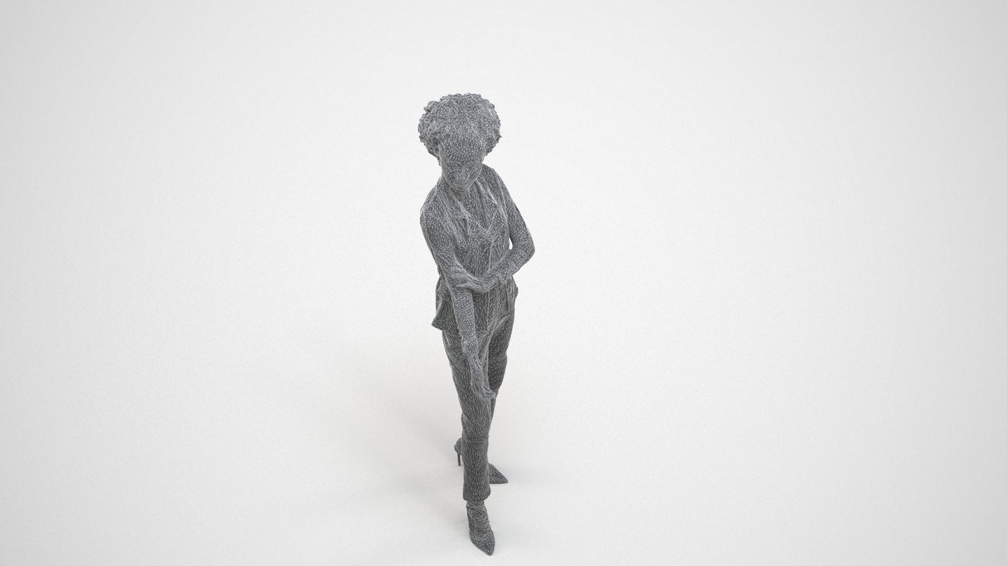 3D scanned woman standing business, photorealistic archviz people for Enscape and SketchUp, wireframe three-quarter view