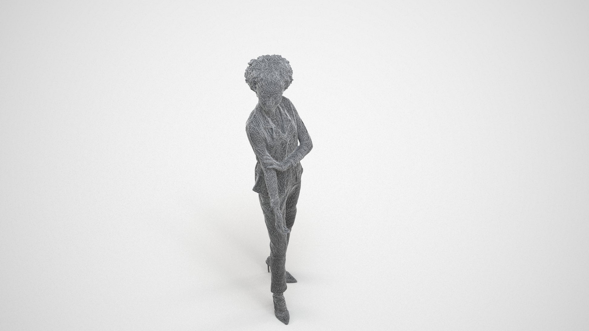 3D scanned woman standing business, photorealistic archviz people for Enscape and SketchUp, wireframe three-quarter view
