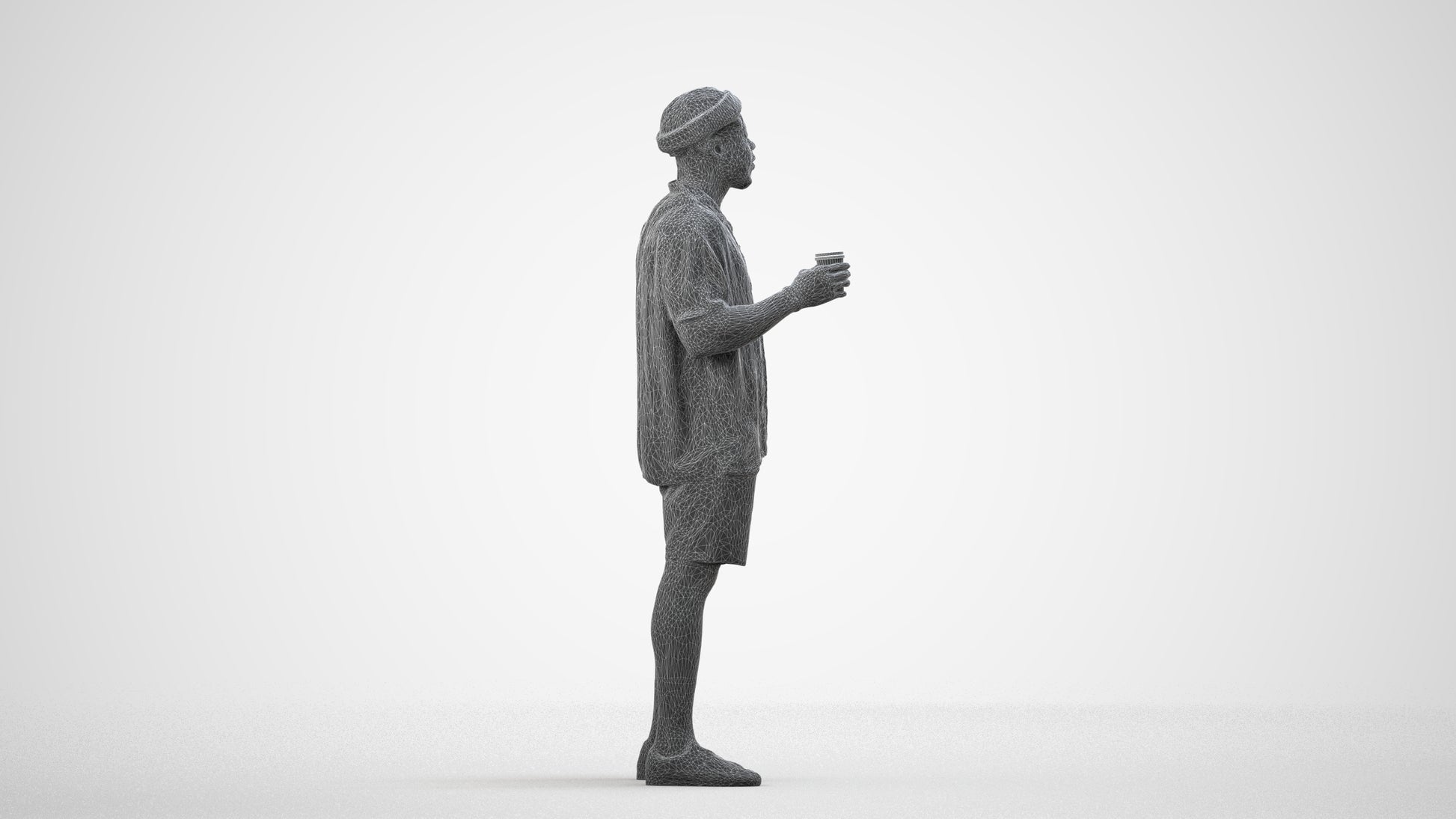 3D scanned man standing casual, photorealistic archviz people for Enscape and SketchUp, wireframe side view