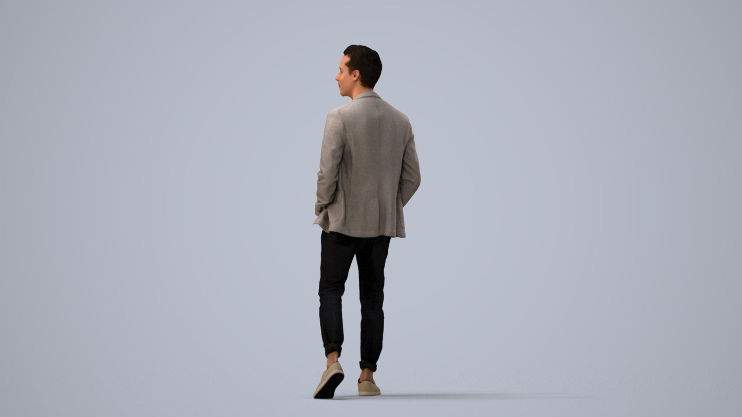 3D scanned man walking business, photorealistic archviz people for Enscape and SketchUp, three-quarter view render
