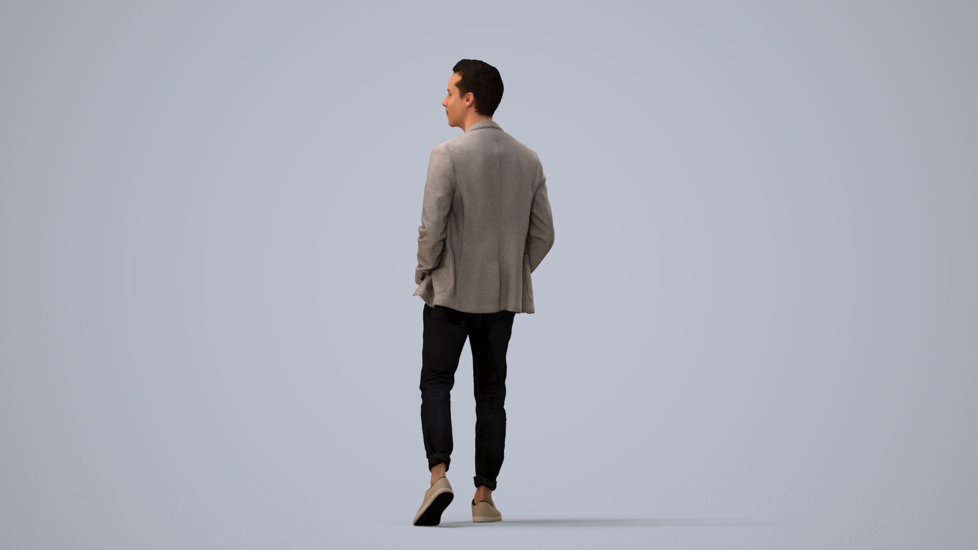 3D scanned man walking business, photorealistic archviz people for Enscape and SketchUp, three-quarter view render