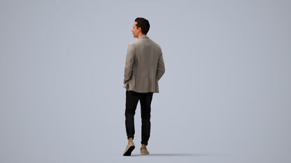 3D scanned man walking business, photorealistic archviz people for Enscape and SketchUp, three-quarter view render