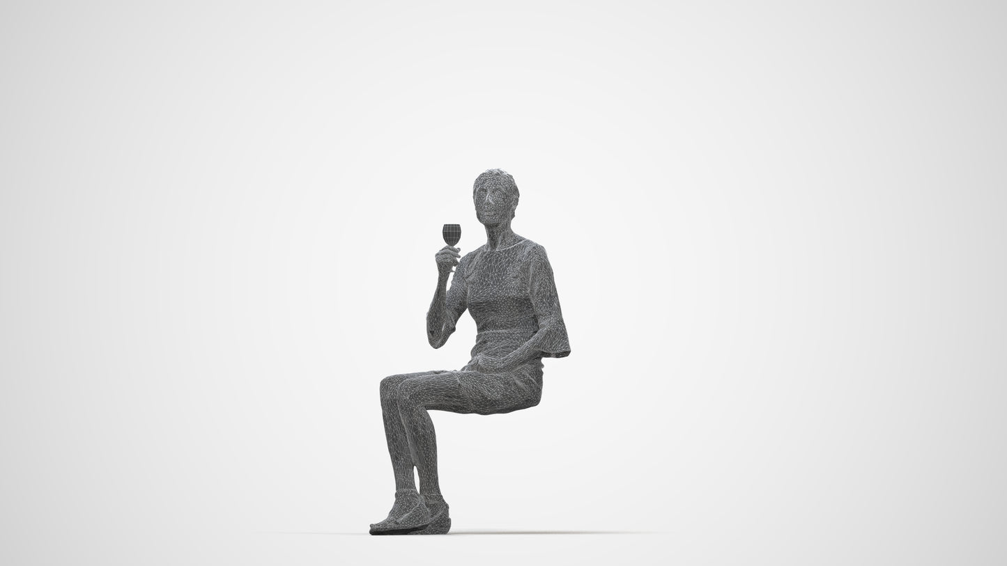 3D scanned senior woman sitting formal, photorealistic archviz people for Enscape and SketchUp, wireframe back view