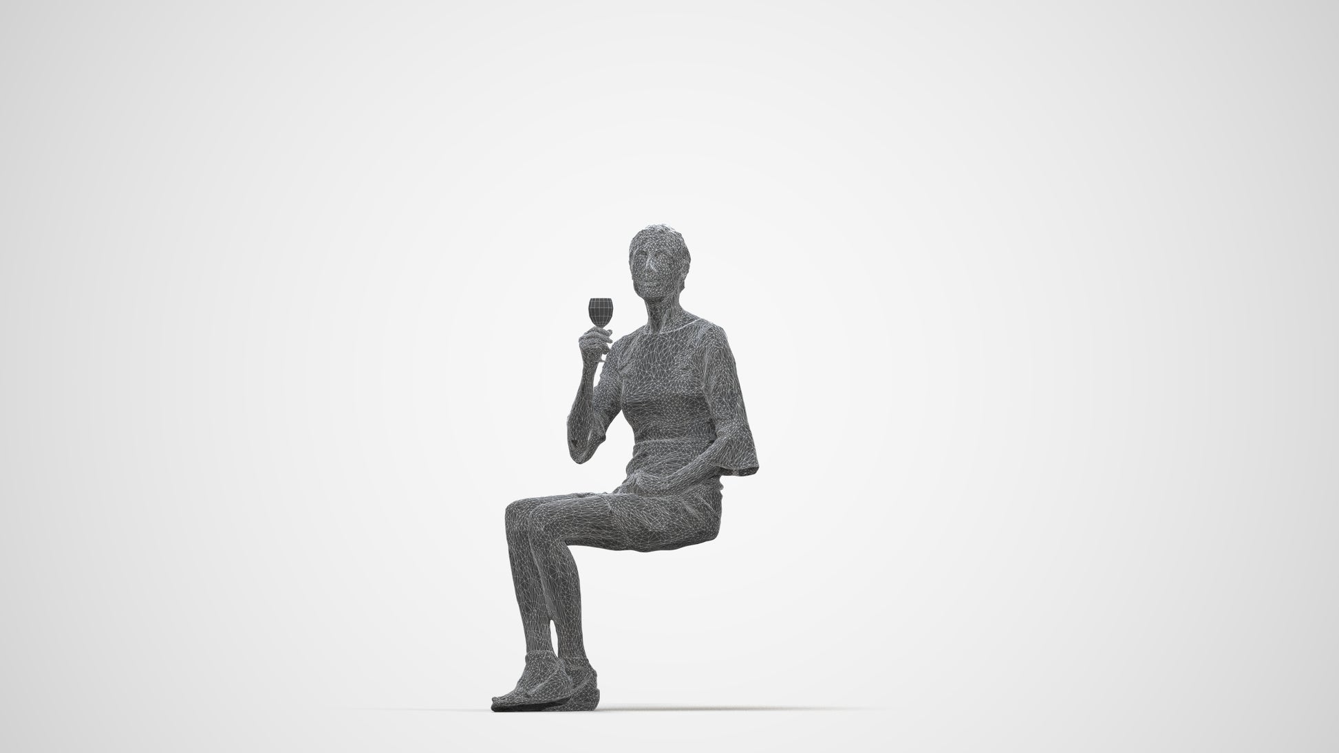 3D scanned senior woman sitting formal, photorealistic archviz people for Enscape and SketchUp, wireframe back view