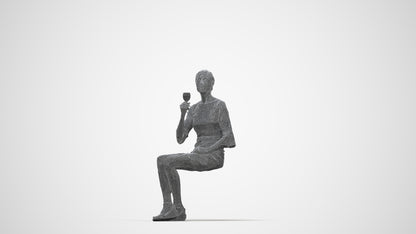 3D scanned senior woman sitting formal, photorealistic archviz people for Enscape and SketchUp, wireframe back view