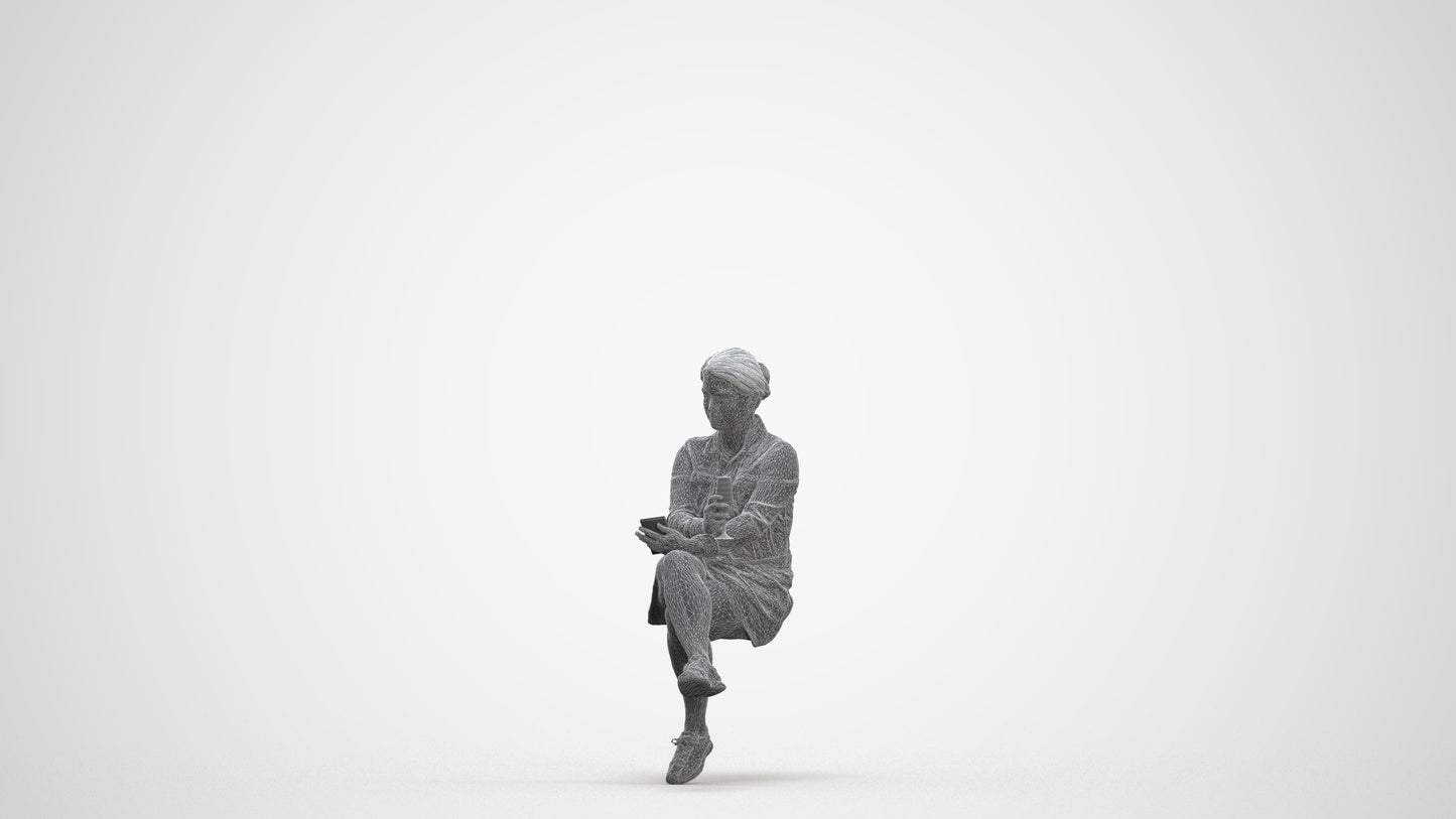 3D people model woman casual sitting, scanned human for 3ds Max rendering, three-quarter front view render