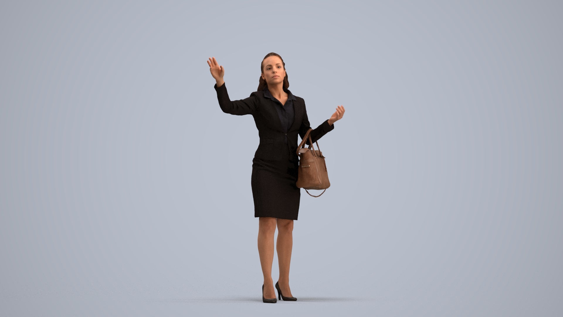 3D human model woman business standing, photogrammetry scanned person for archviz, standing pose render