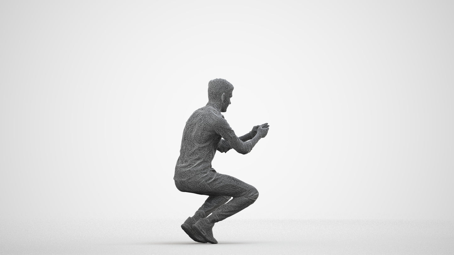 realistic 3D man casual sitting, scanned archviz people for Blender and 3ds Max, wireframe side view
