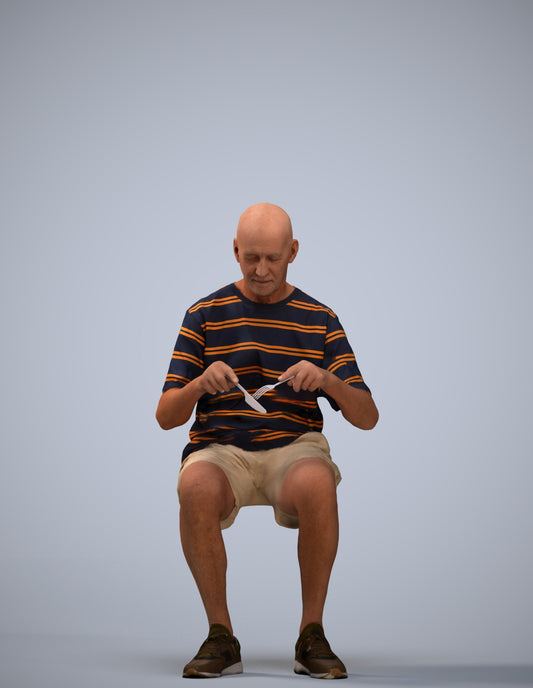 3D scanned senior man sitting casual, photorealistic archviz people for Enscape and SketchUp