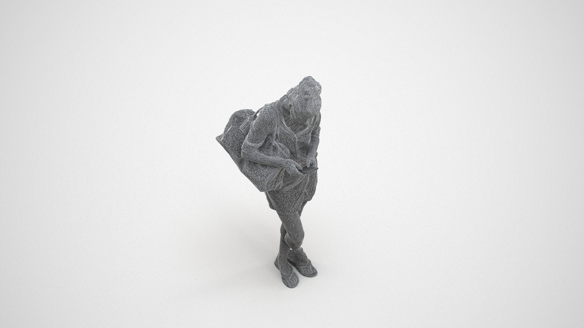 3D scanned woman standing casual, photorealistic archviz people for Enscape and SketchUp, wireframe three-quarter view