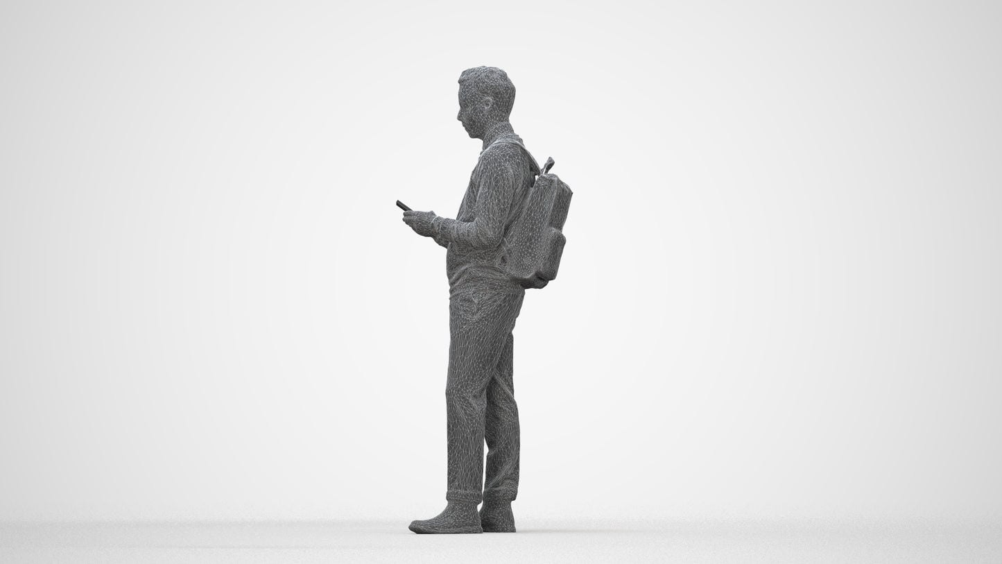 3D people model man casual standing, scanned human for 3ds Max rendering, wireframe back view