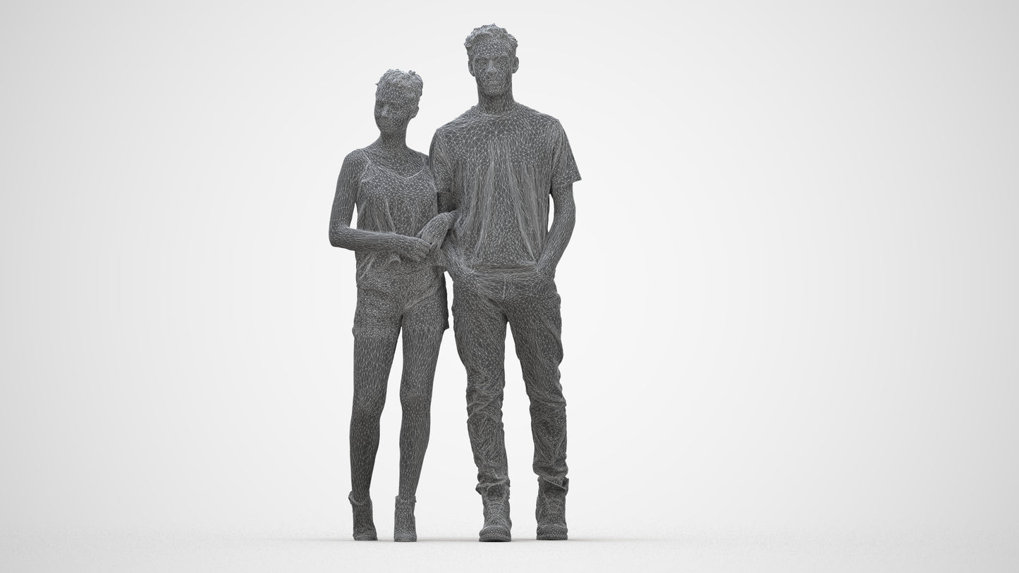 3D people model woman casual couple, scanned human for 3ds Max rendering, wireframe back view