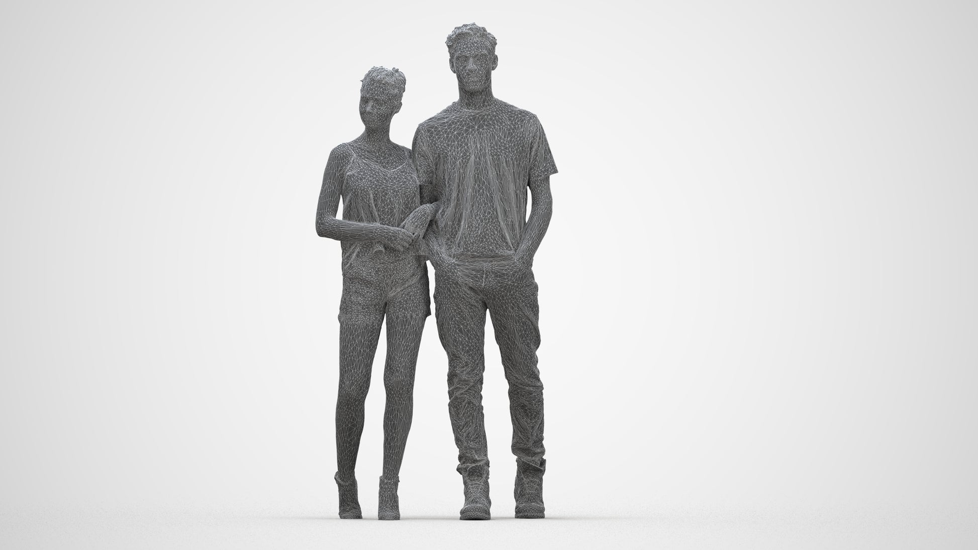 3D people model woman casual couple, scanned human for 3ds Max rendering, wireframe back view