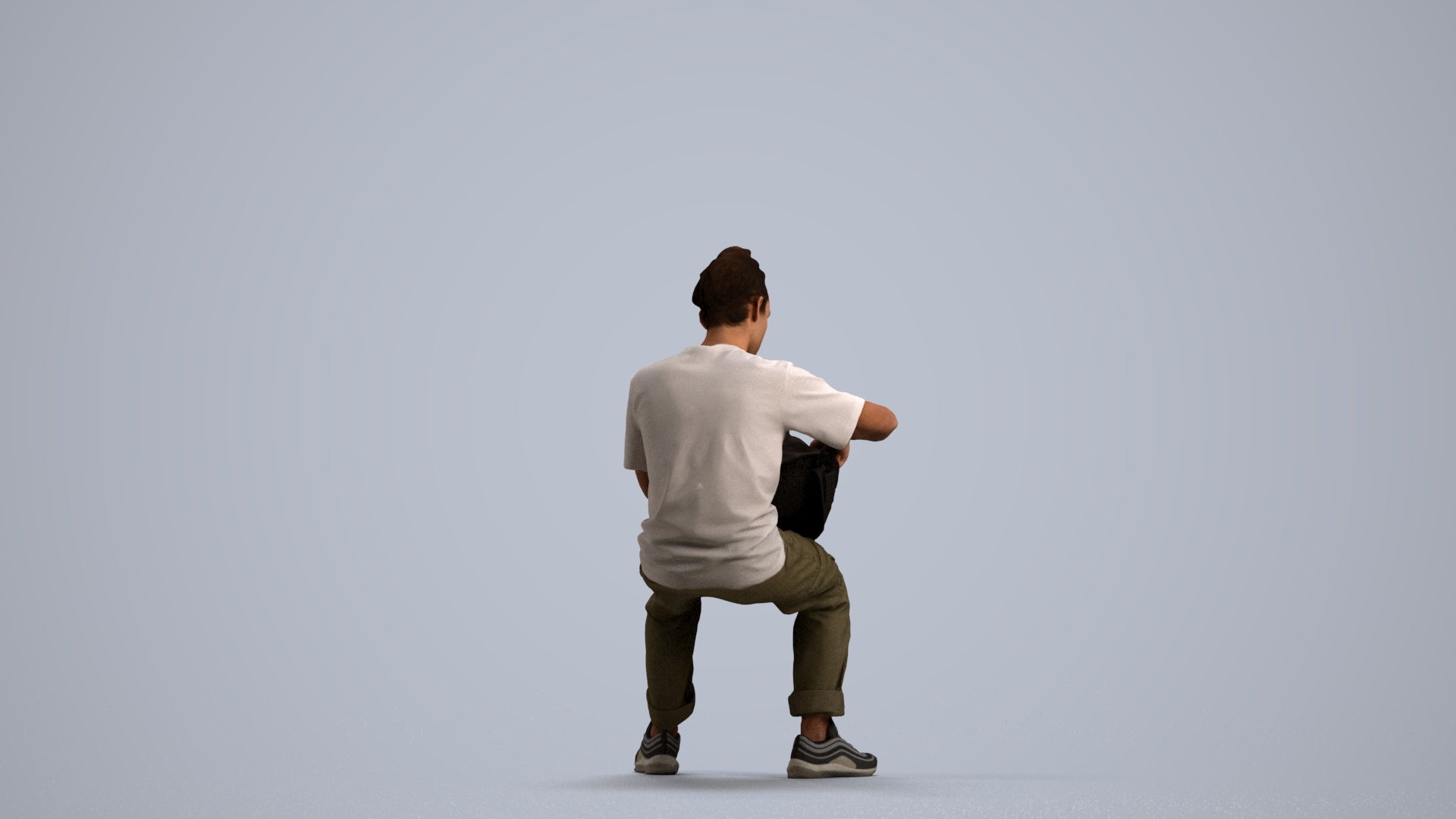3D human model man casual sitting, photogrammetry scanned person for archviz, front view render