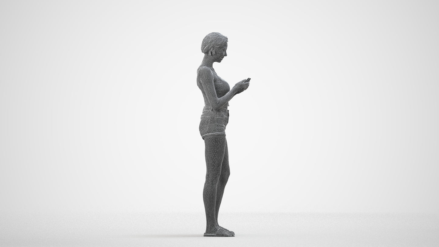 3D human model woman casual standing, photogrammetry scanned person for archviz, wireframe side view