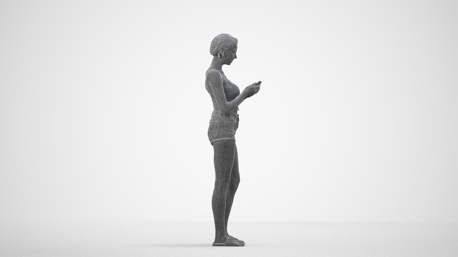 3D human model woman casual standing, photogrammetry scanned person for archviz, wireframe side view