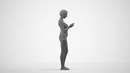 3D human model woman casual standing, photogrammetry scanned person for archviz, wireframe side view