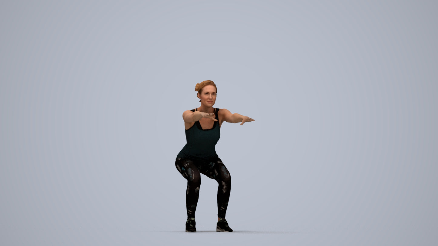 3D human model woman sport, photogrammetry scanned person for archviz, top-down view render