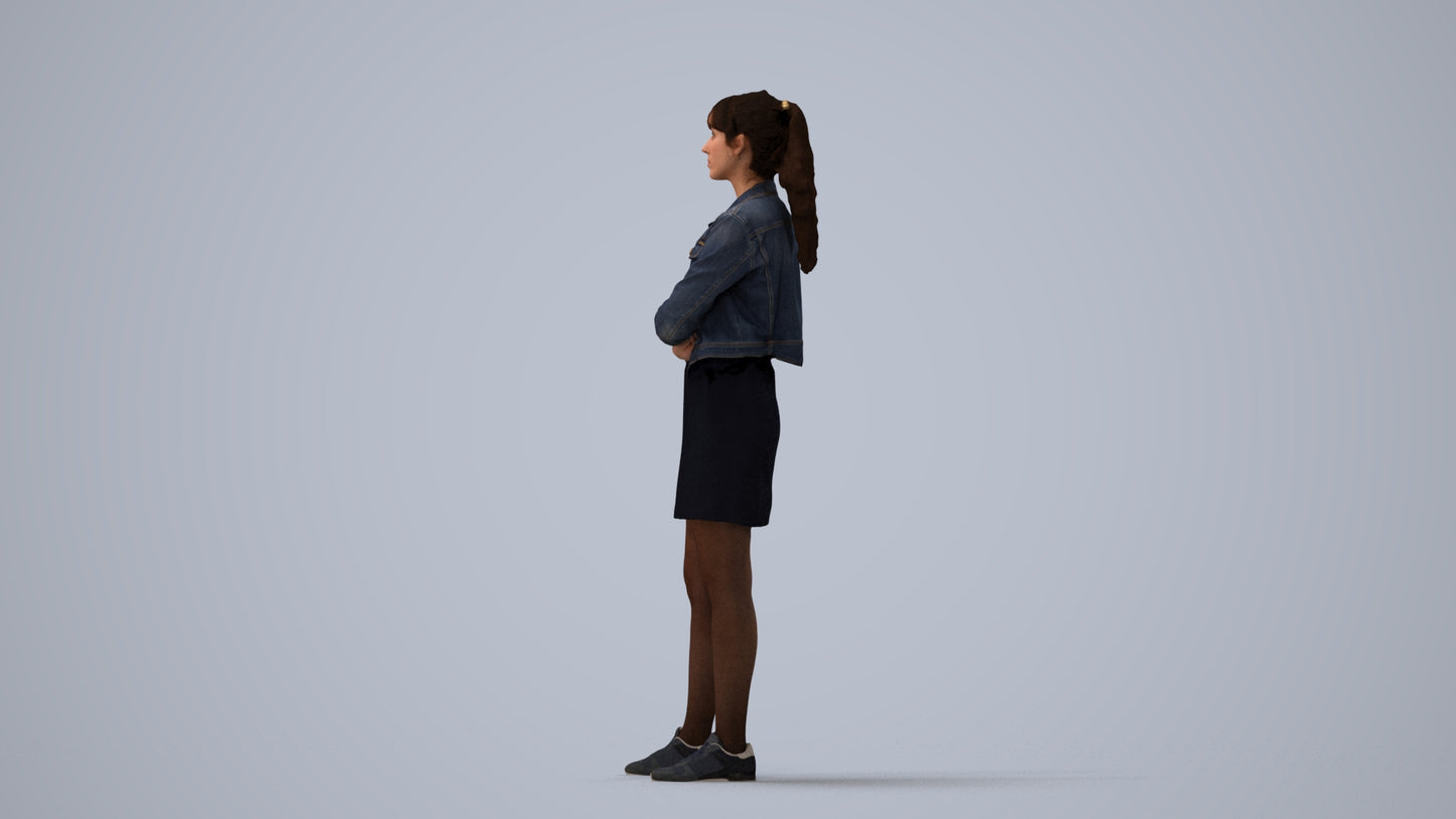 realistic 3D woman casual standing, scanned archviz people for Blender and 3ds Max, three-quarter view render