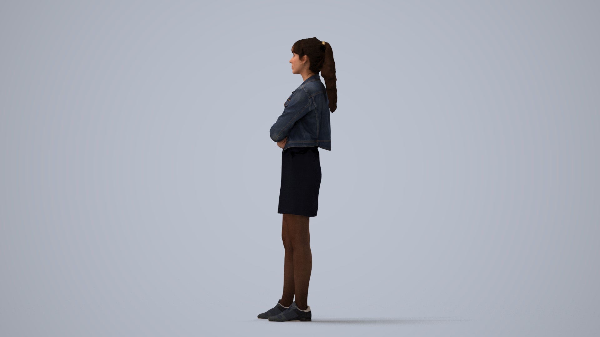 realistic 3D woman casual standing, scanned archviz people for Blender and 3ds Max, three-quarter view render