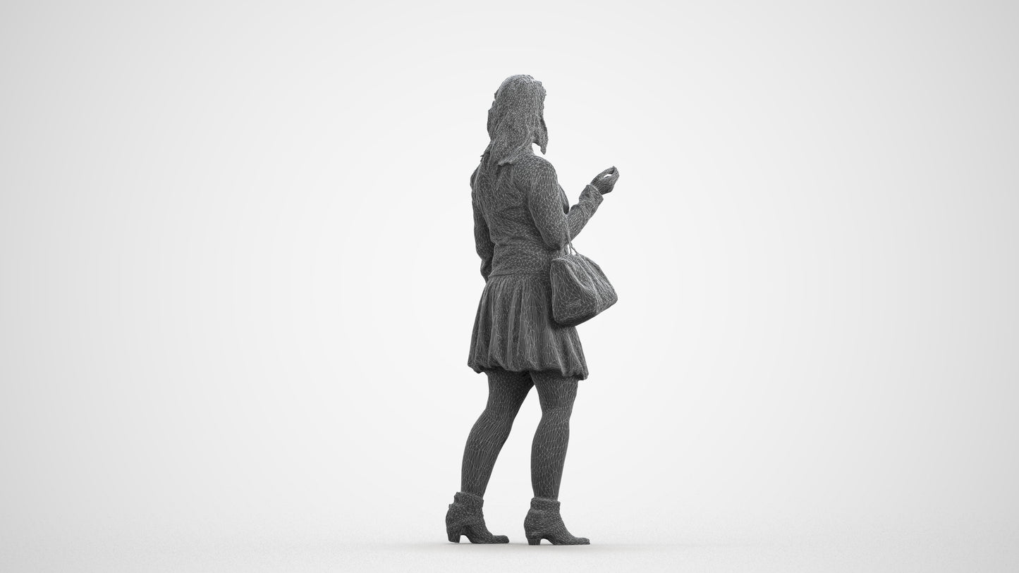 3D human model woman business standing, photogrammetry scanned person for archviz, wireframe front view