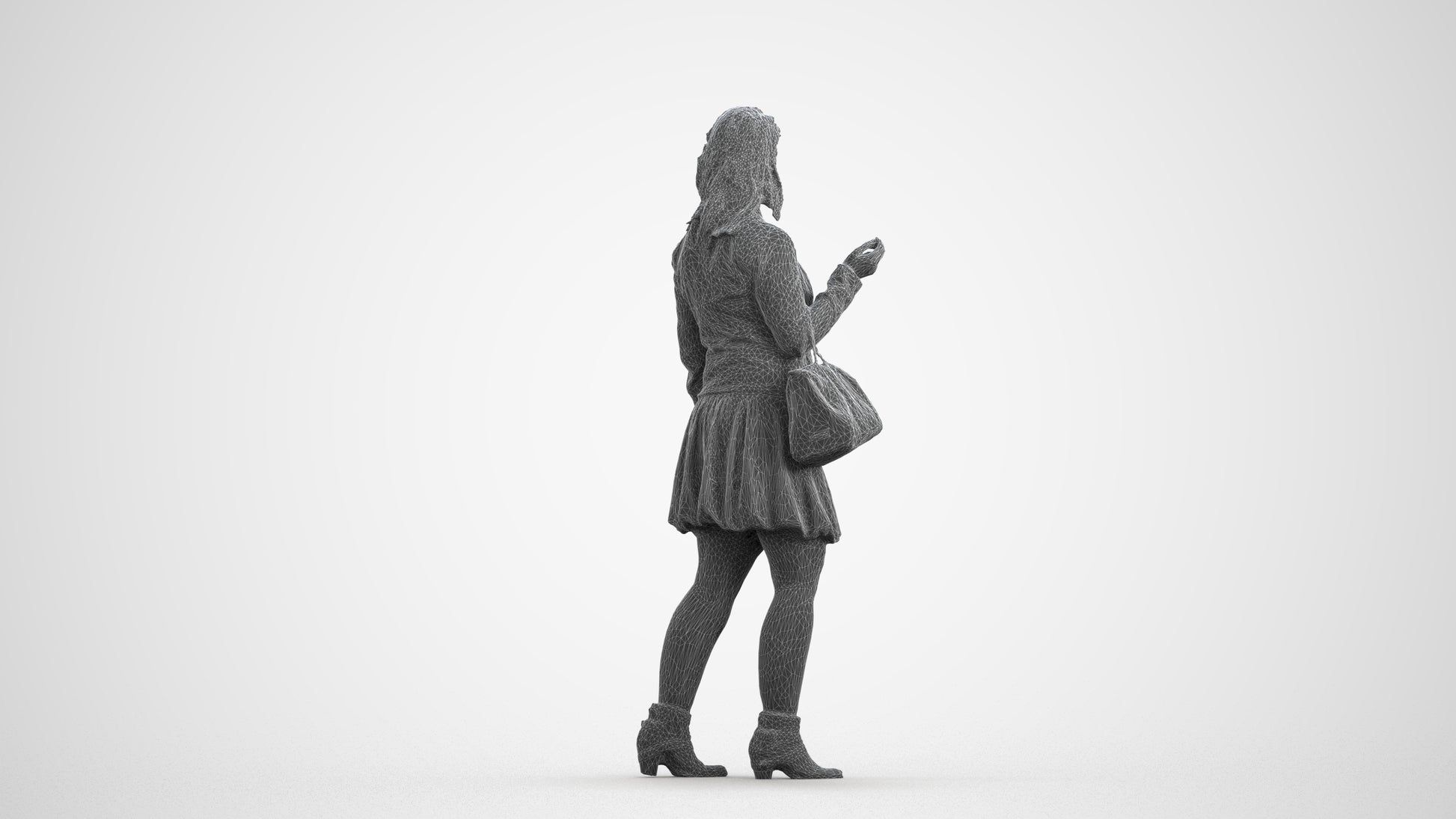 3D human model woman business standing, photogrammetry scanned person for archviz, wireframe front view