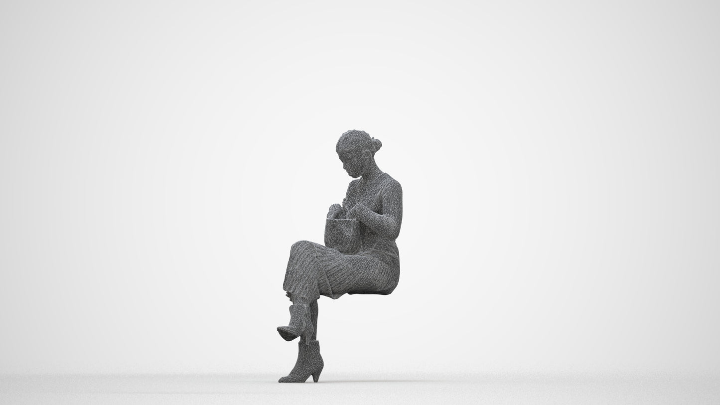 3D scanned woman sitting casual, photorealistic archviz people for Enscape and SketchUp, wireframe back view