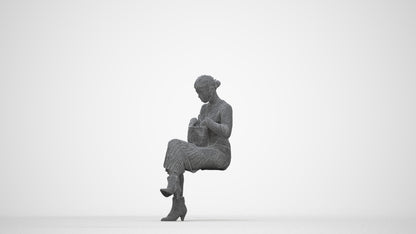 3D scanned woman sitting casual, photorealistic archviz people for Enscape and SketchUp, wireframe back view