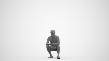 realistic 3D human man casual sitting, archviz people FBX OBJ for Blender, three-quarter front view render