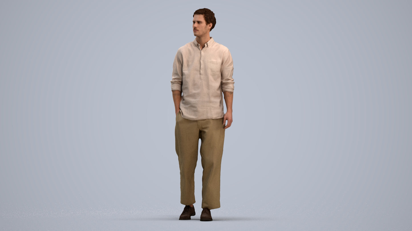 3D human model man casual walking, photogrammetry scanned person for archviz, standing pose render