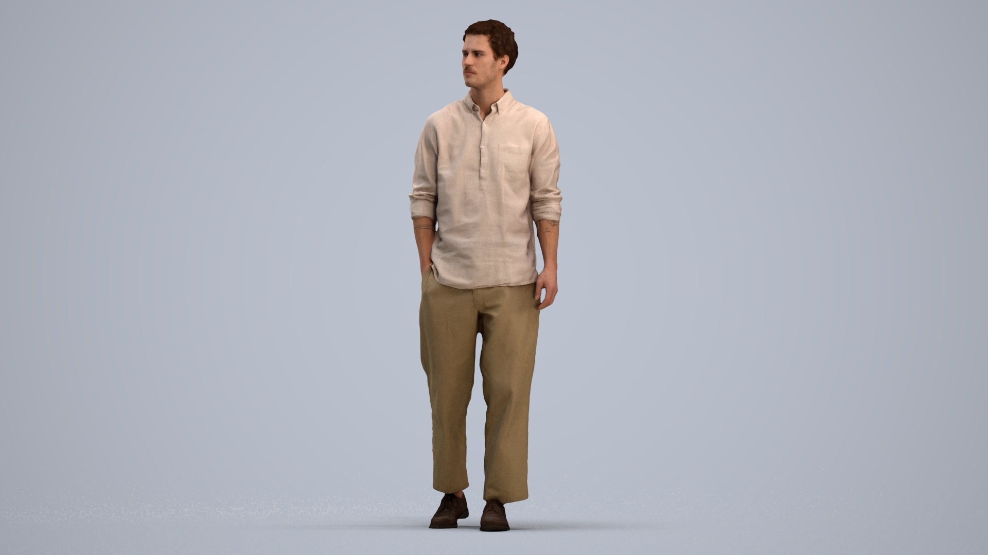 3D human model man casual walking, photogrammetry scanned person for archviz, standing pose render