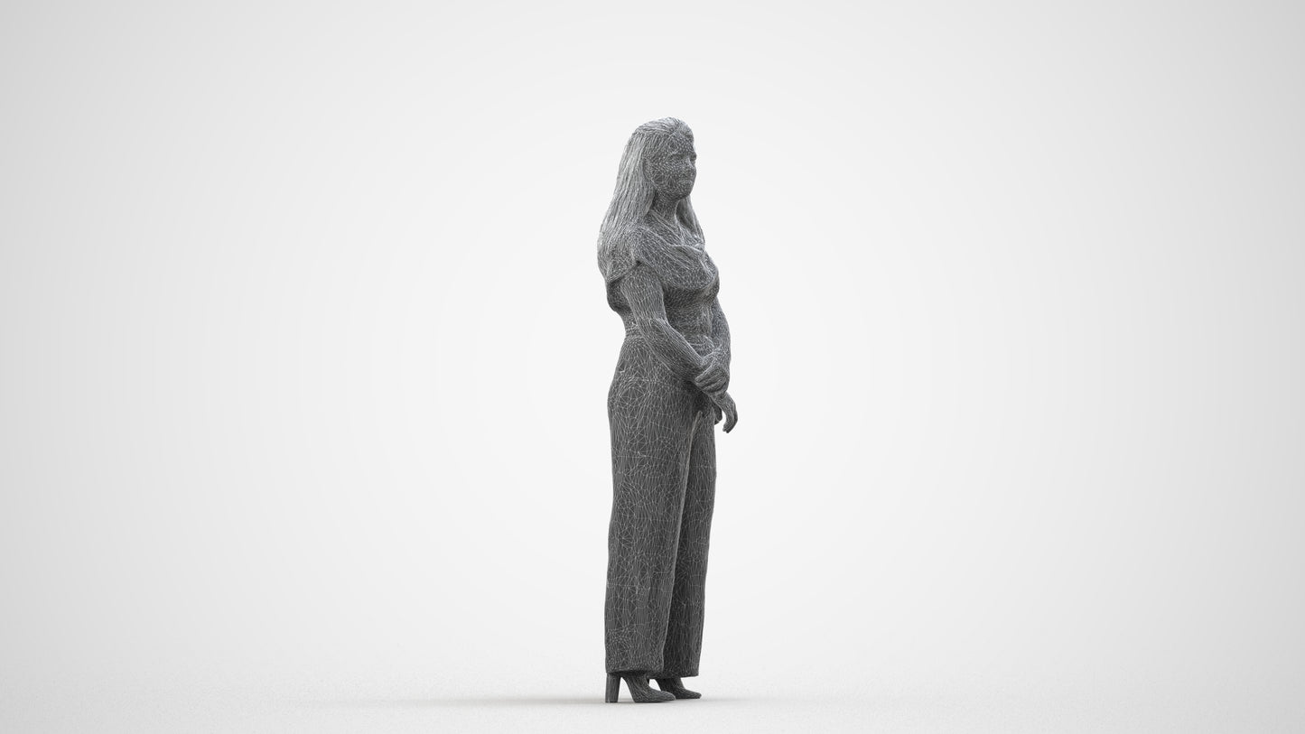 realistic 3D people woman casual standing, render-ready for V-Ray and Corona, FBX OBJ, wireframe side view