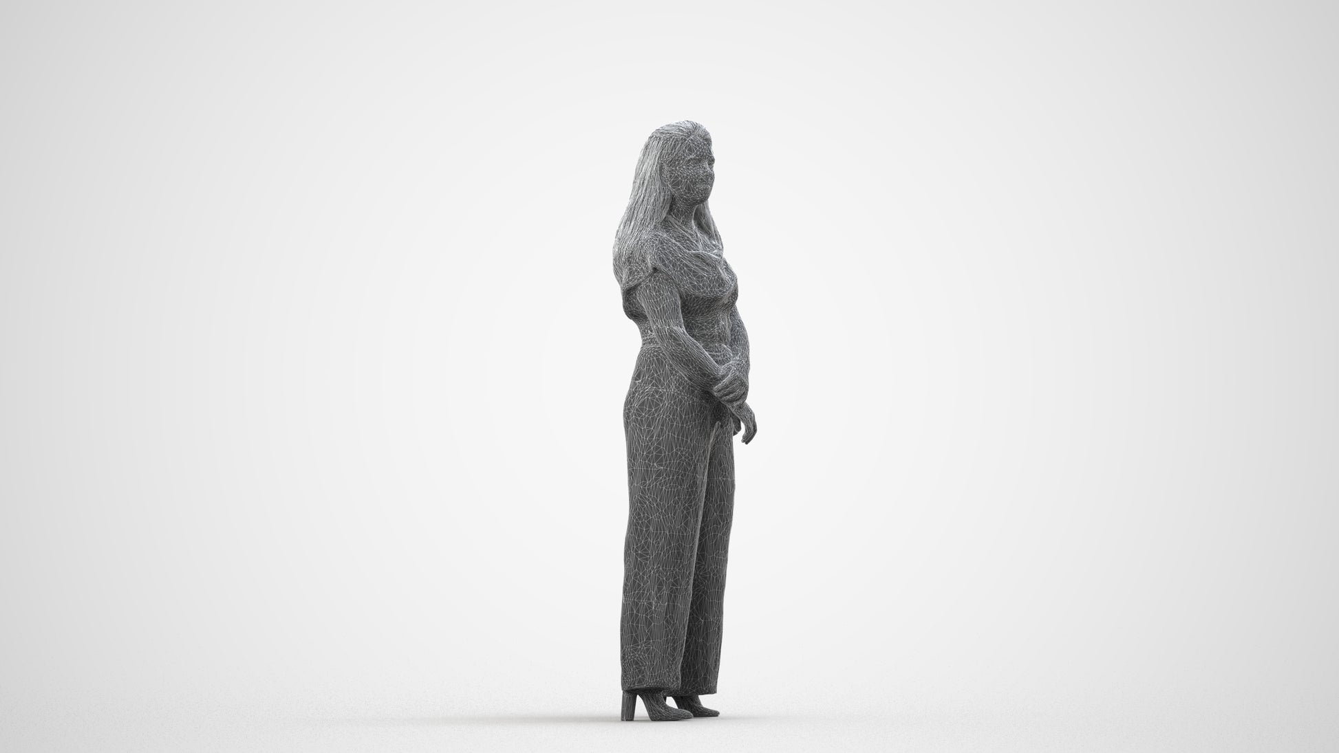 realistic 3D people woman casual standing, render-ready for V-Ray and Corona, FBX OBJ, wireframe side view