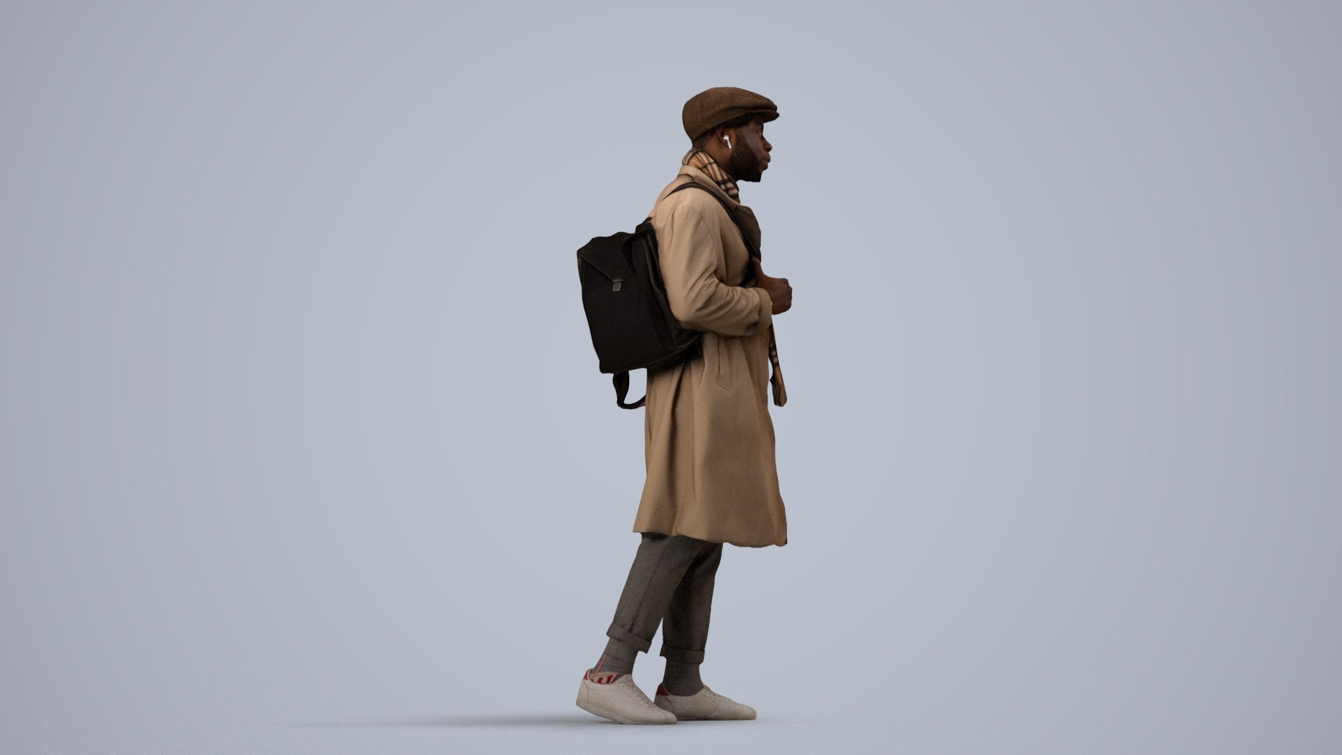 3D human model man casual walking, photogrammetry scanned person for archviz, side view render