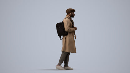 3D human model man casual walking, photogrammetry scanned person for archviz, side view render