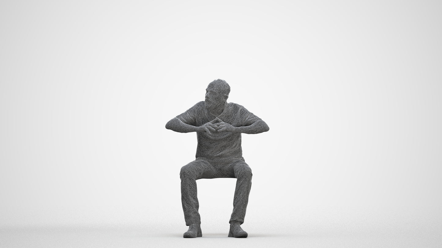 3D people model senior man casual sitting, scanned human for 3ds Max rendering, three-quarter front view render