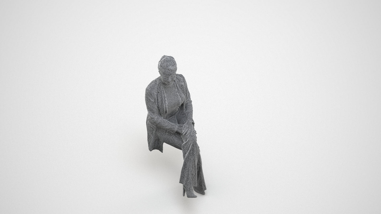 realistic 3D woman business sitting, scanned archviz people for Blender and 3ds Max, wireframe three-quarter view
