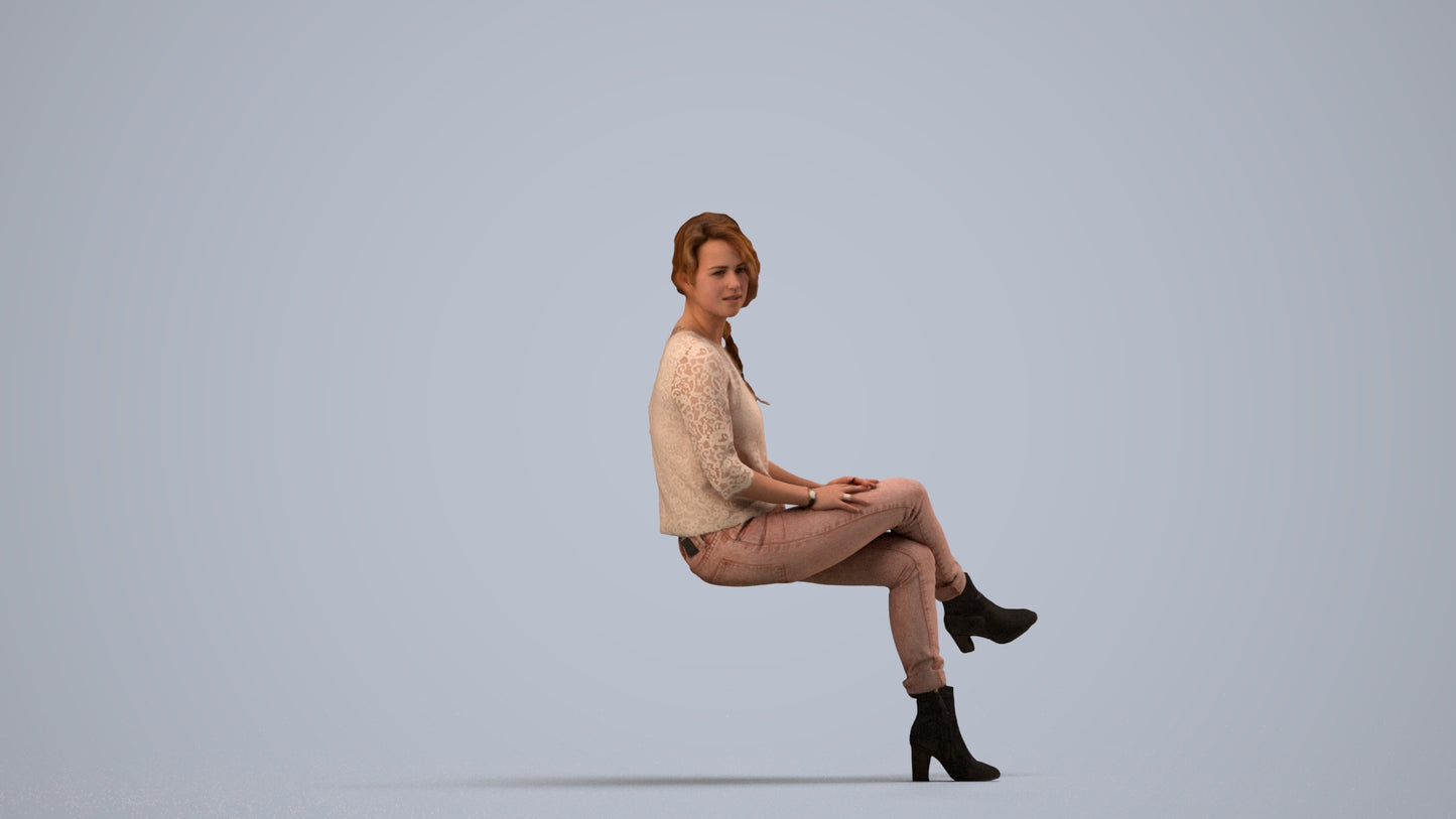 photogrammetry 3D girl business sitting, realistic human model archviz FBX, side view render
