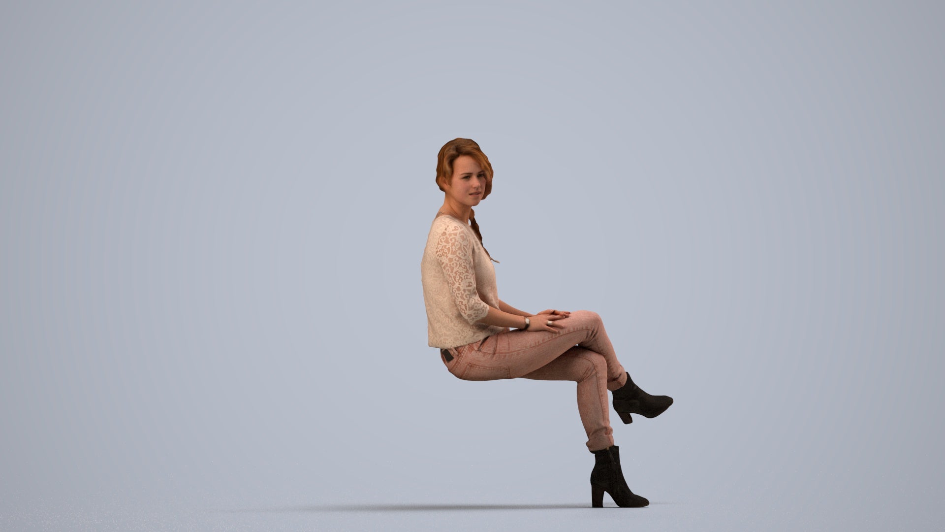 photogrammetry 3D girl business sitting, realistic human model archviz FBX, side view render