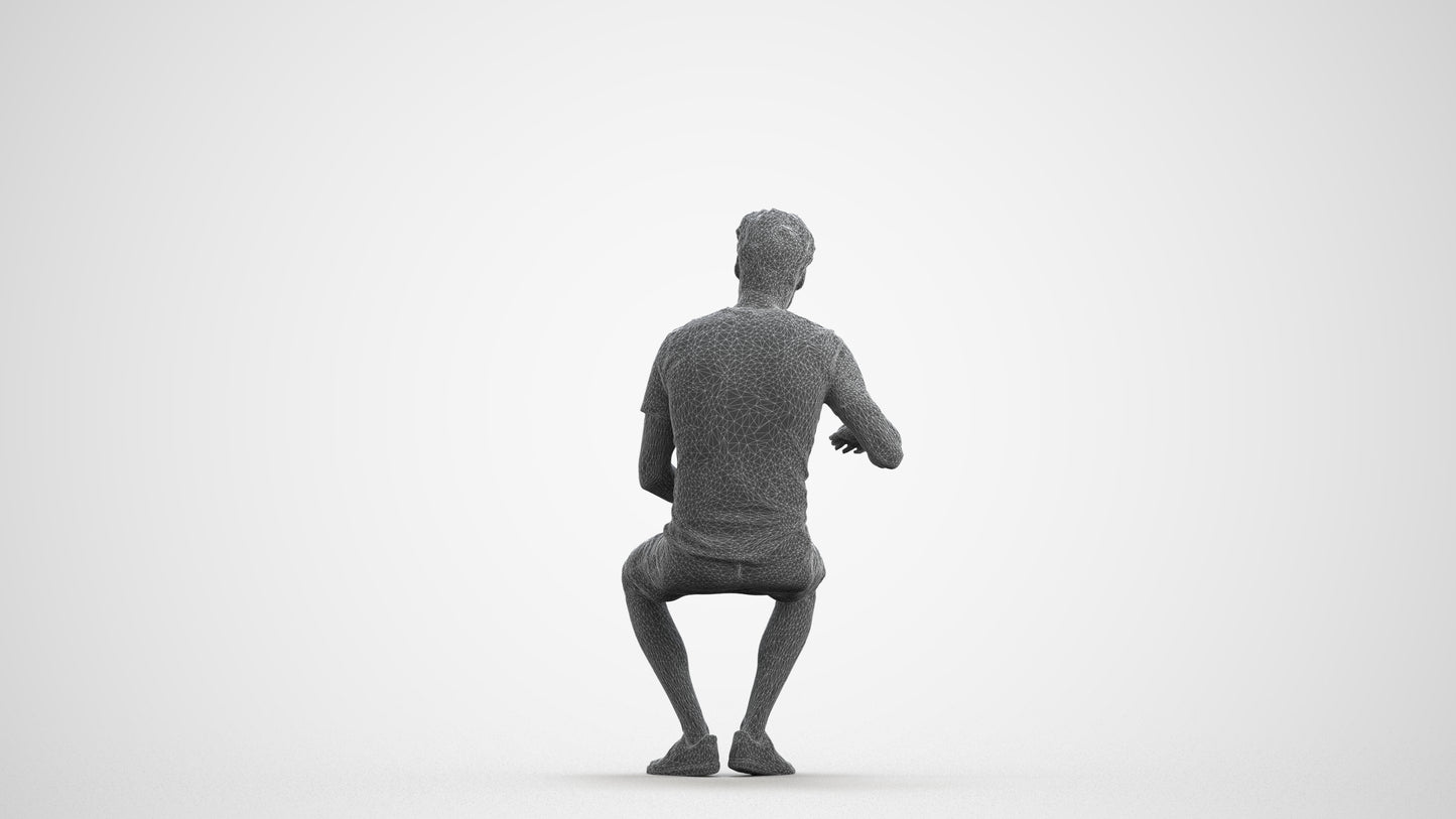 photogrammetry 3D man casual sitting, realistic human model archviz FBX, wireframe front view