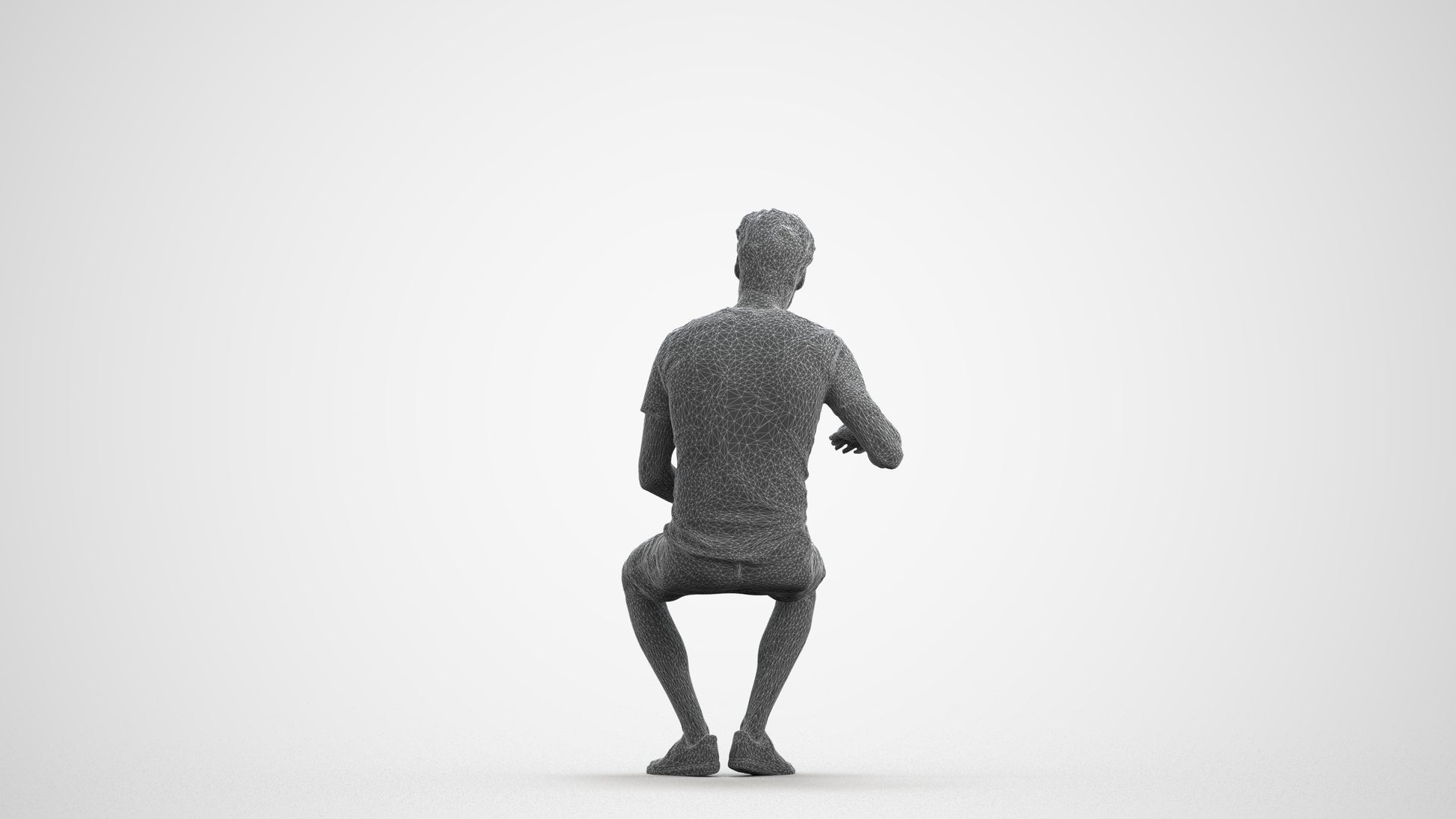photogrammetry 3D man casual sitting, realistic human model archviz FBX, wireframe front view