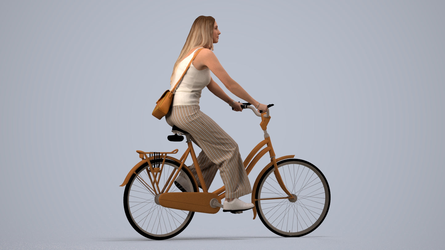 realistic 3D people woman casual cycling, render-ready for V-Ray and Corona, FBX OBJ, side view render