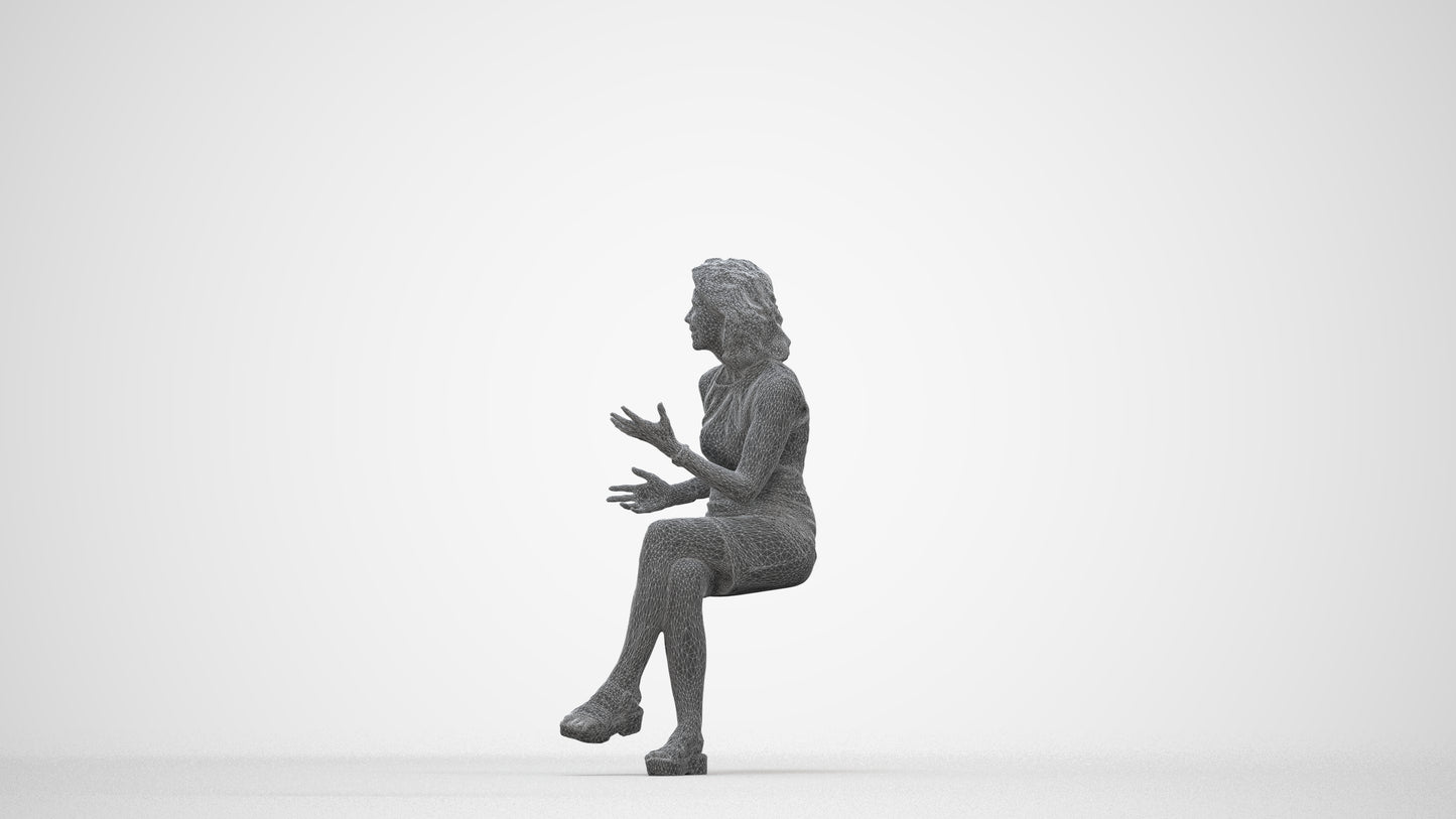 3D scanned woman sitting business, photorealistic archviz people for Enscape and SketchUp, wireframe back view