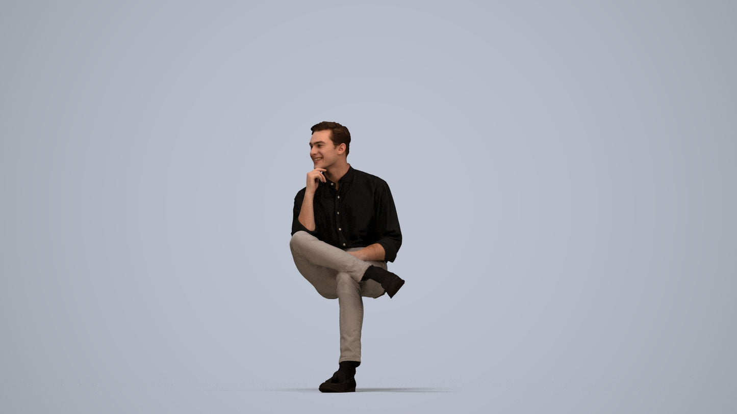 realistic 3D man casual sitting, scanned archviz people for Blender and 3ds Max, top-down view render
