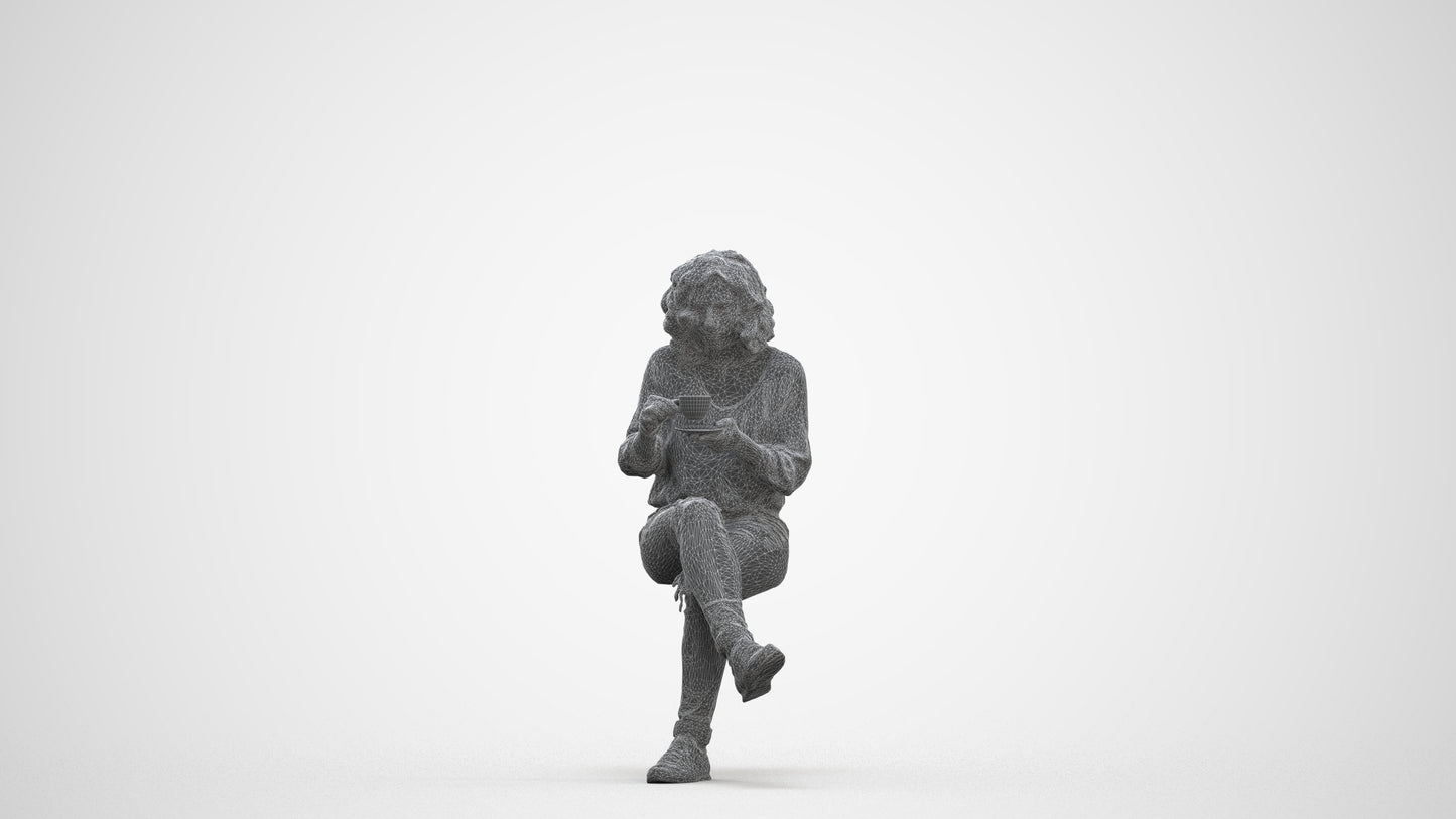 photogrammetry 3D woman casual sitting, realistic human model archviz FBX, three-quarter front view render