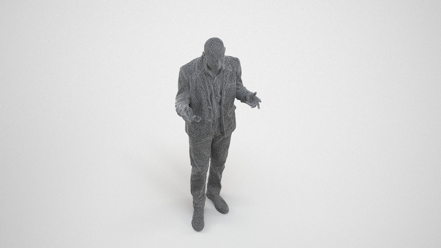 3D scanned senior man business, photorealistic archviz people for Enscape and SketchUp, wireframe three-quarter view