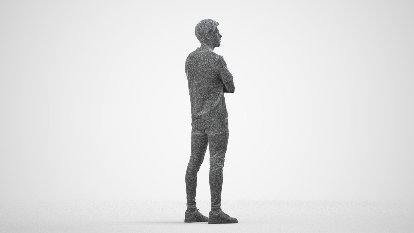 3D people model man casual standing, scanned human for 3ds Max rendering, wireframe side view