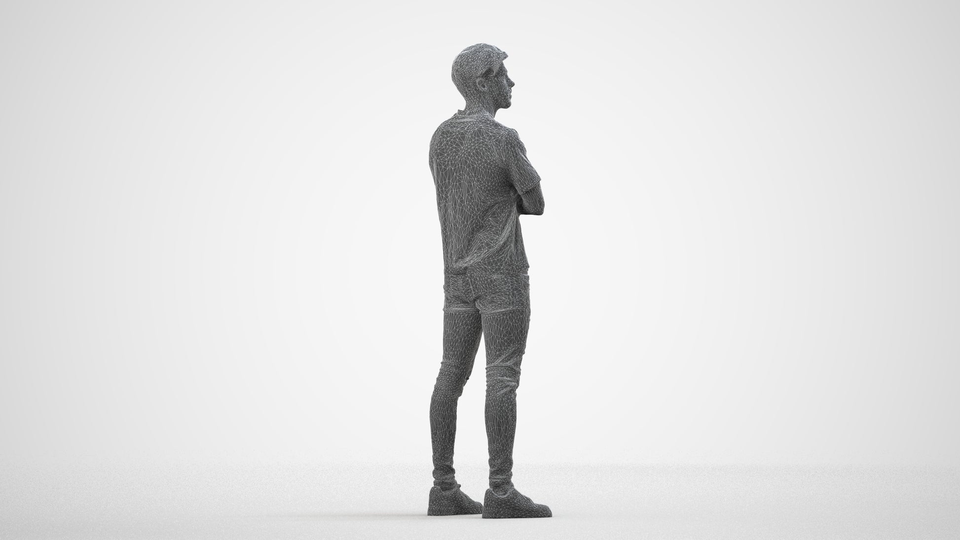 3D people model man casual standing, scanned human for 3ds Max rendering, wireframe side view